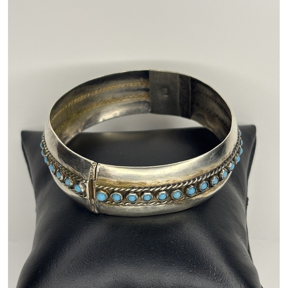 Vintage Taxco‎ Mexico 900 Silver Turquoise Hinged Bangle Bracelet 20mm Wide